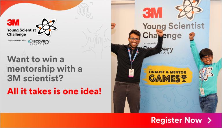 "3M Young Scientist Challenge, Want to win a mentorship with a 3M scientist? All it takes is one idea!" with image of teacher and student