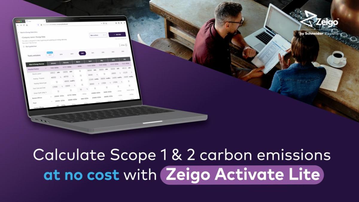 An open laptop "Calculate Scope 1 & 2 carbon emissions at no cost with Zeigo Active Lite"