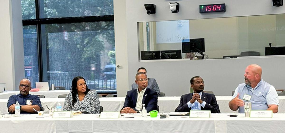 A panel seated behind a long table, one person speaking.