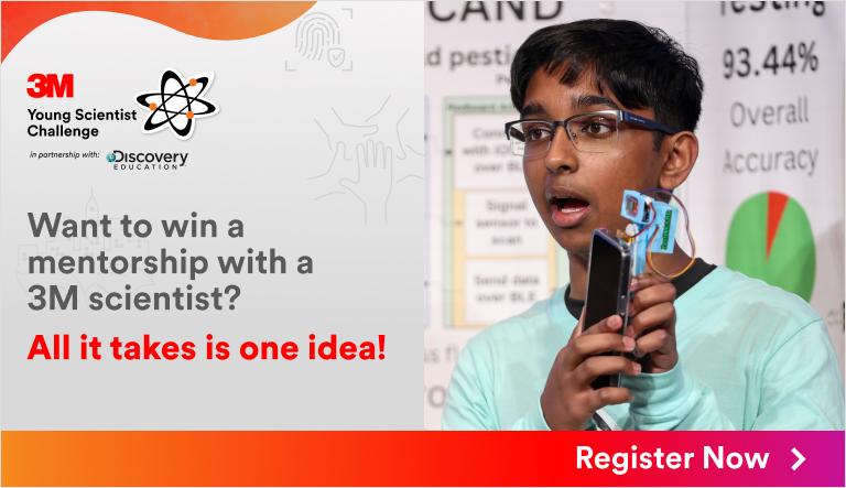 young person with "Want to win a mentorship with a 3M scientist? All it takes is one idea!"