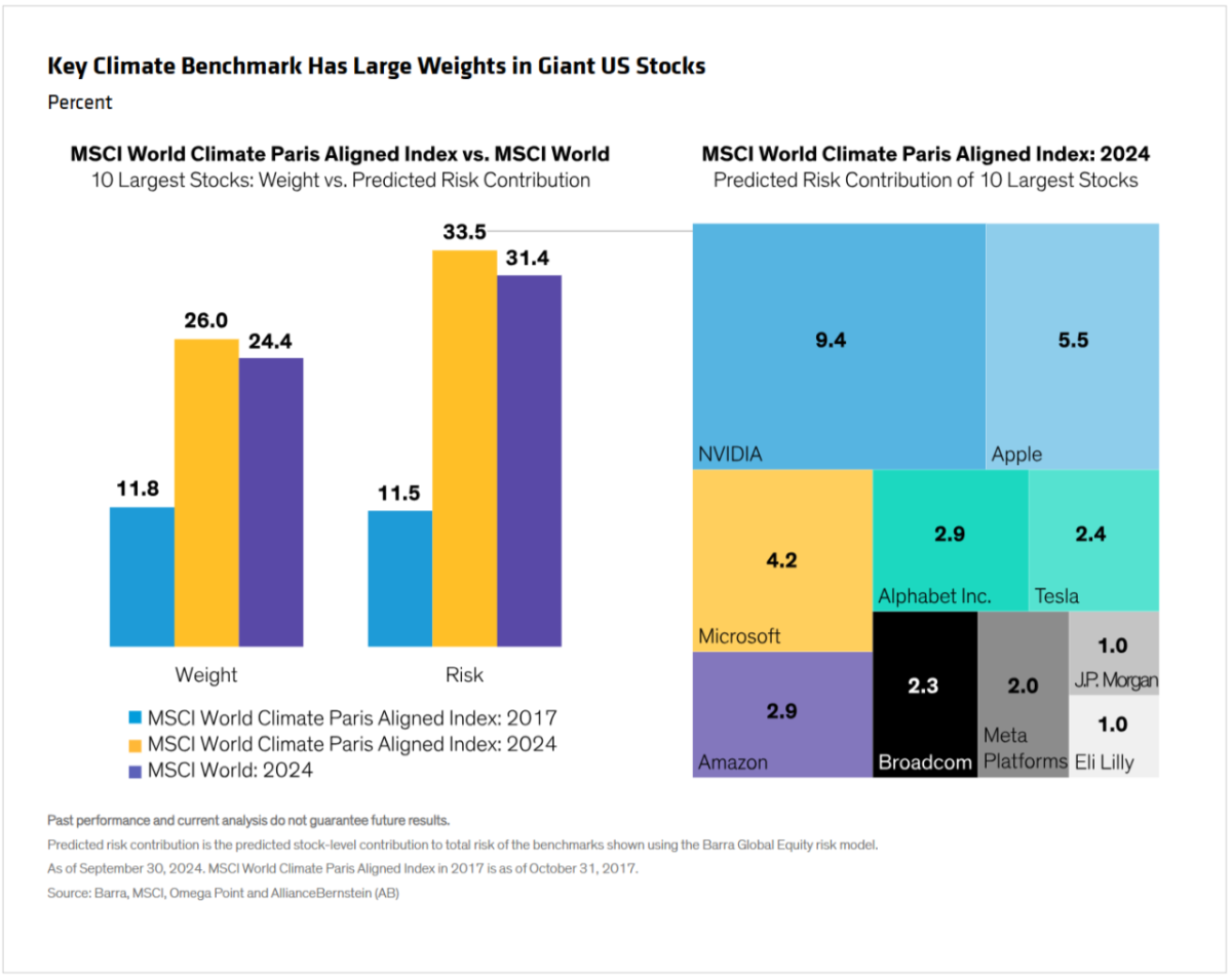 Info graphic bar charts "Key Climate Benchmark Has Large Weights in Giant US Stocks"