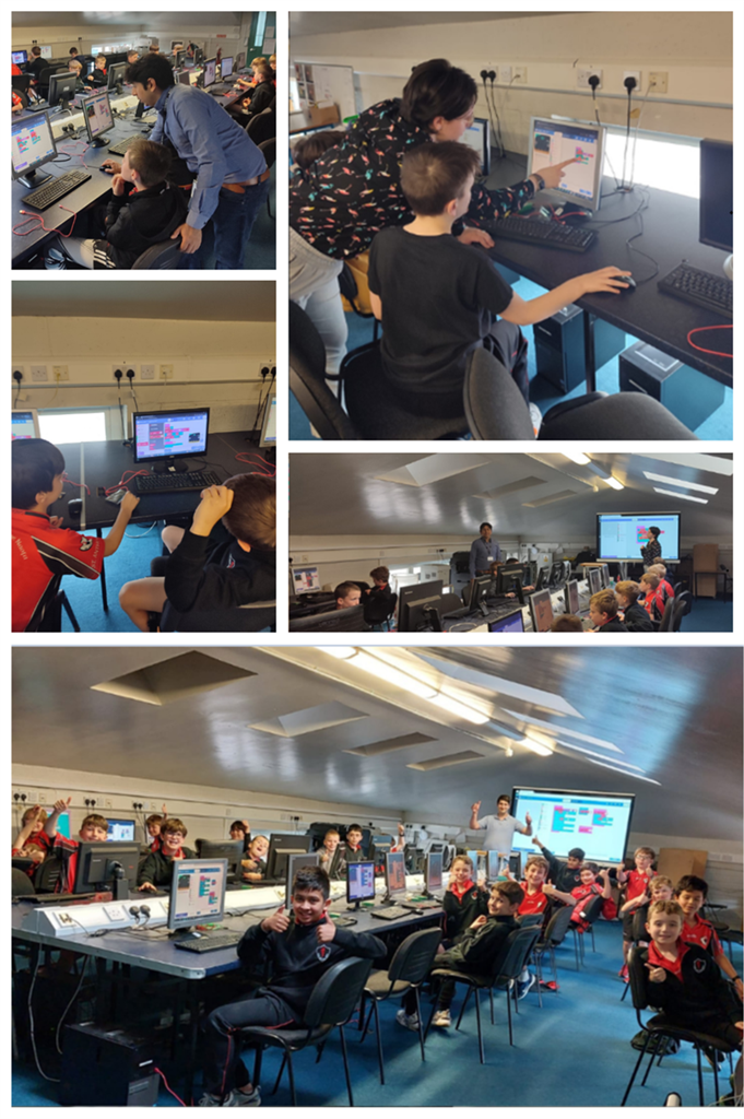 Collage of adults helping students working on desktop computers in a classroom setting.