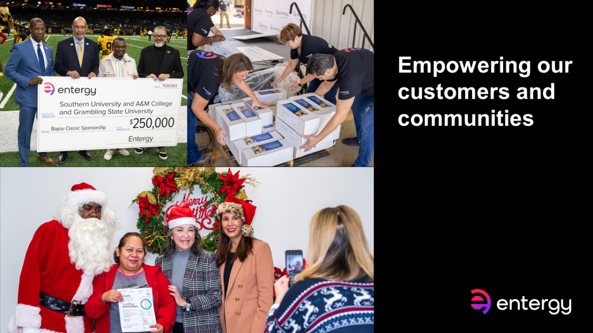 Collage of people holding a large check, volunteers moving boxes, and people posed with Santa. "Empowering our customers and communities."