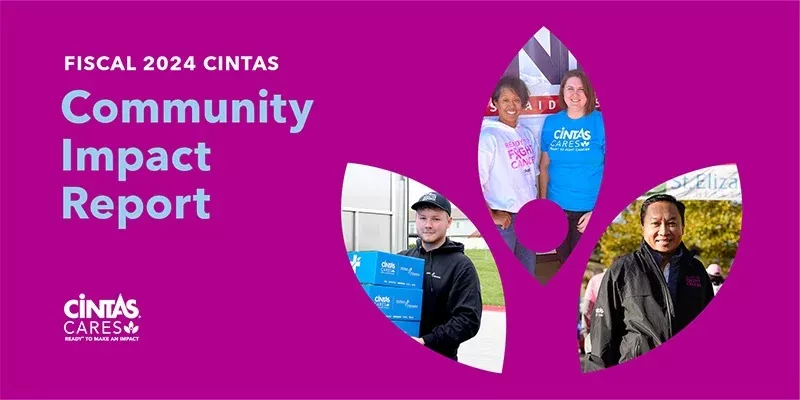 Cover page "Fiscal 2024 Cintas Community Impact Report" on the right a collage of different people in leaf shaped framing.