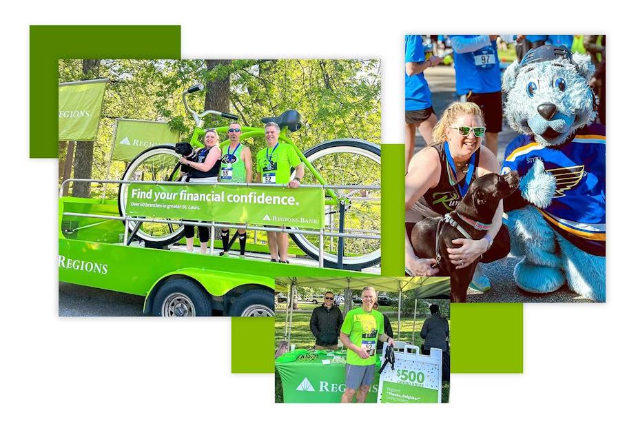 Collage of volunteers with a mascot, posed with a green bike, in front of a regions booth.