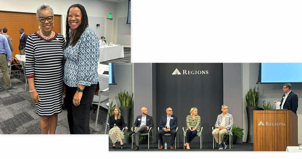 On the left, two smiling people posed close together. On the right a seated panel on a stage, one speaking at a podium.