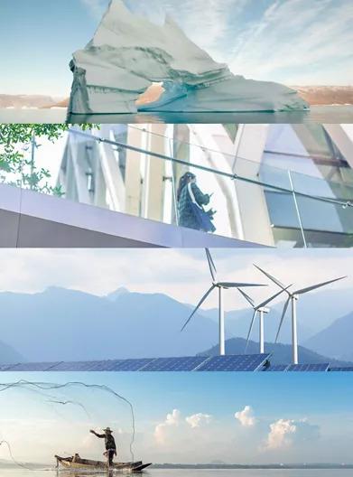 Collage of images of an iceberg, person walking across a skywalk, wind turbines in a foggy sky, and a person fishing from a small boat.