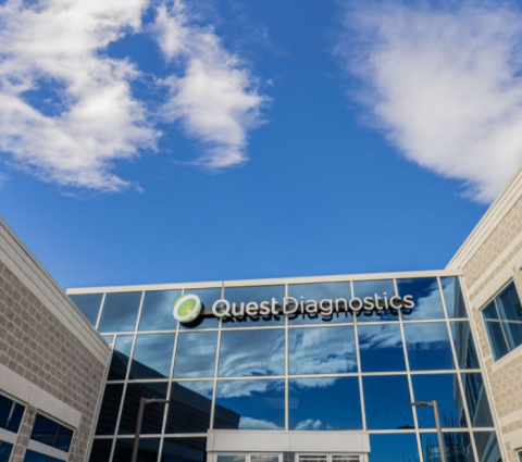 Exterior of a building and "Quest Diagnostics" sign.