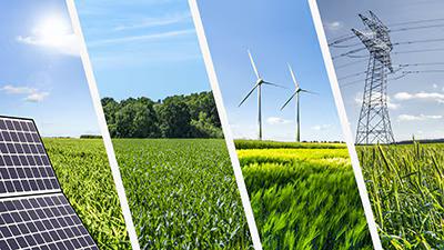 Collage of four images of solar panels, greenery, wind turbines, and power lines.