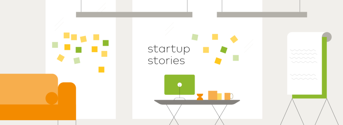 drawing of an office with "startup stories"