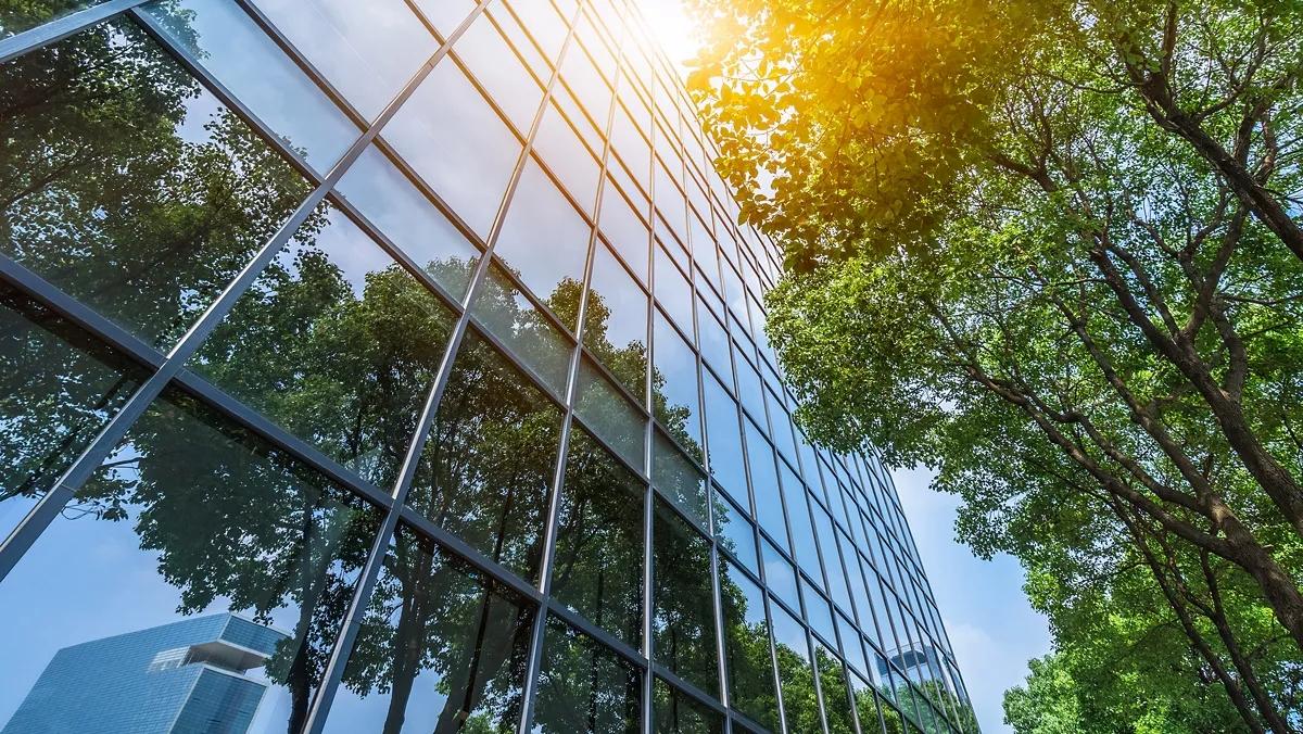 Close up of the side of a mirrored-building looking up to the sun. Trees on the right side.