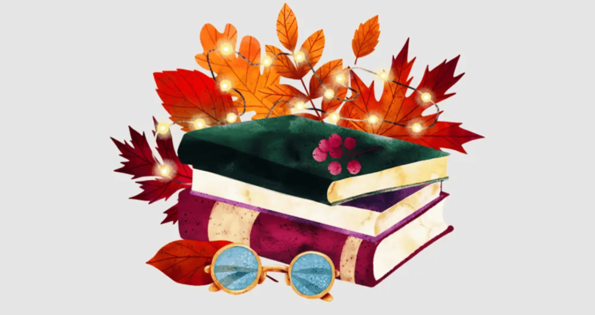 Illustration of books stacked on top of each other surrounded by fall leaves