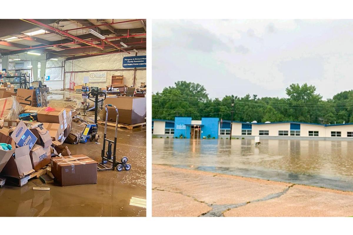 Collage of flood damaged building and supplies.
