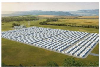 Aerial view of a grid of storage units in an open area.