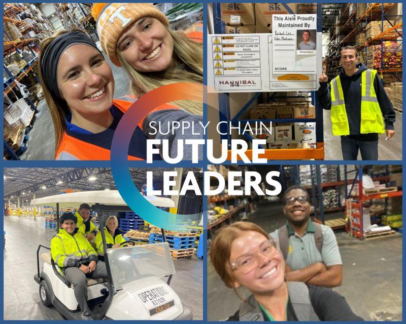 Collage of four images of employees in differents wareshouse setting, some taking selfies with others. "Supply Chain Future Leaders."