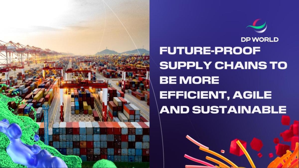 On the left an aerial view of a shipping yard full of containers. On the right "Future-Proof supply chains to be more efficient, agile and sustainable."