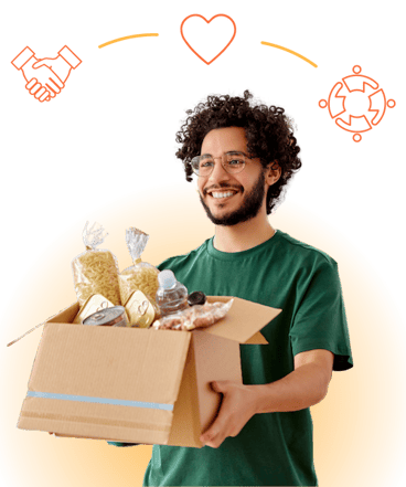 A person holding a box full of clear packaged food items. Icons of holding hands, a heart, and people in a circle above their head.