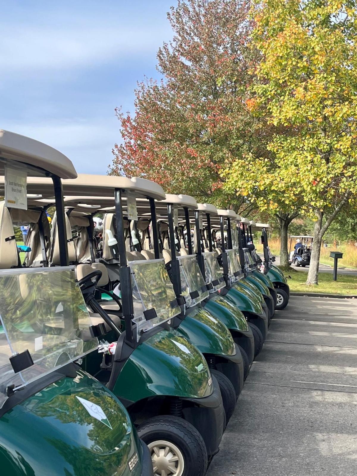 A row of parked green golf carts outside.