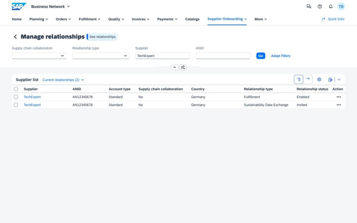 Info graphic screenshot of the SAP program "Manage Relationships" feature.