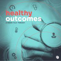 "healthy outcomes" a green-tinted hand holding a stethoscope up.