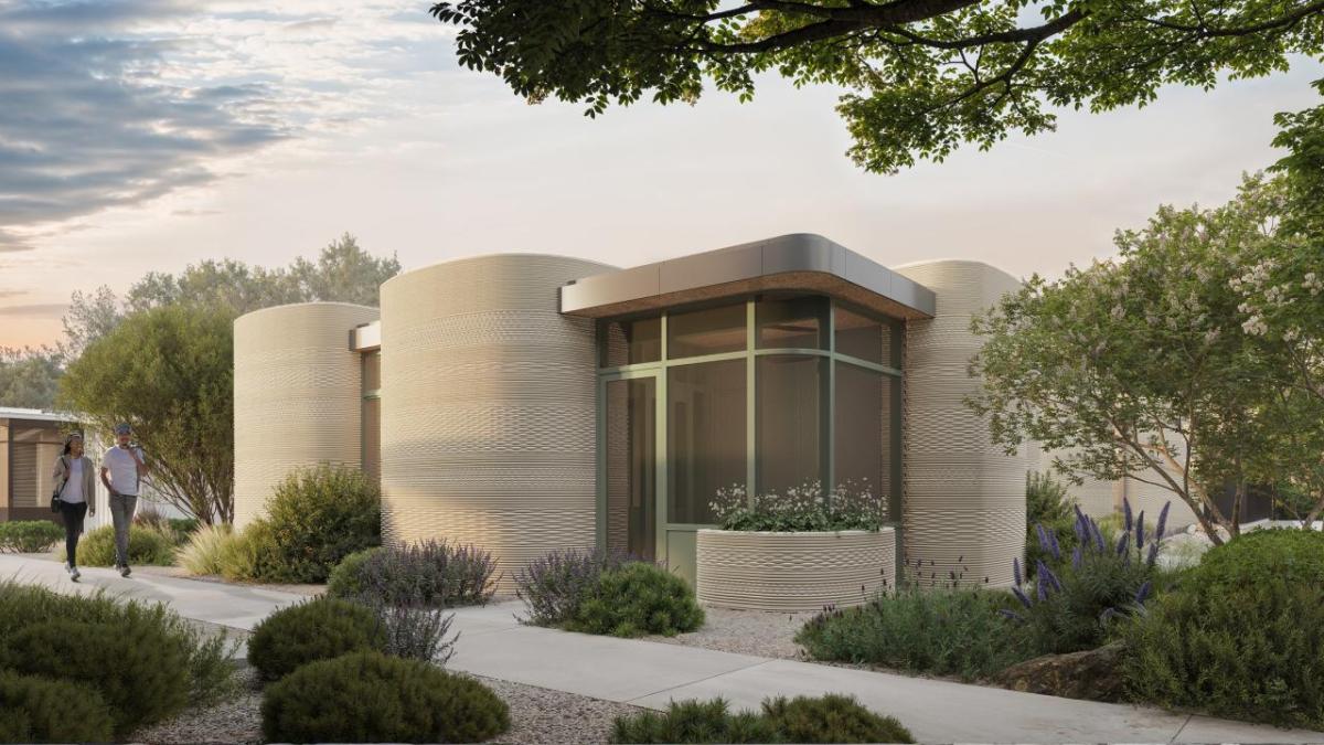 Rendering of a 3D-printed home which is all white with a large glass window.