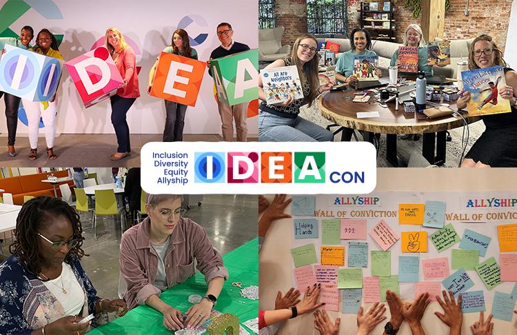 Collage of people participating in crafts, holding IDEA blocks.