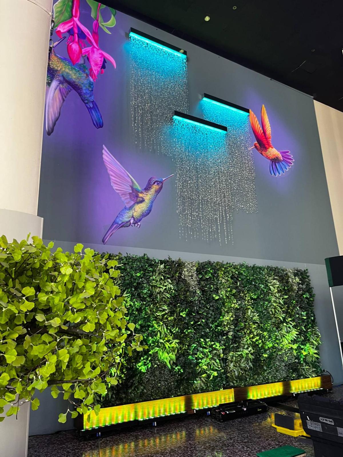 A feature wall with illustrations of birds