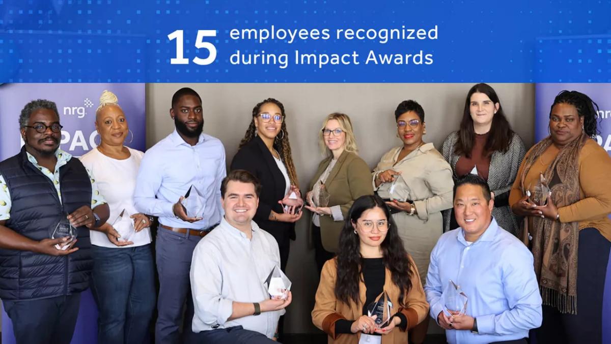 "15 employees recognized during Impact Awards" and a group posed holding awards.