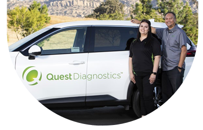 Two people standing by a car with "Quest Diagnostics" on the side.