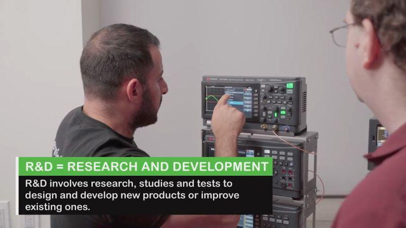 Two people looking at electronics, with text overlay reading: R & D = Research and Development. R & D involves research, studies and tests to design and develop new products or improve existing ones.