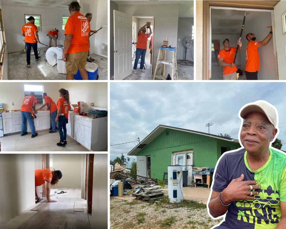 Collage of photo's of volunteers helping to decorate a house