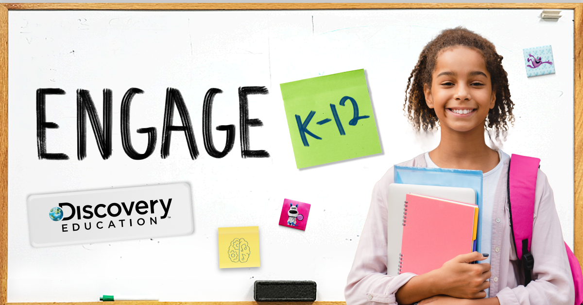 A young student holding books: "Engage K-12"