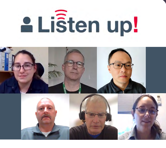 "Listen Up!" and screen shot of six people in a virtual meeting.