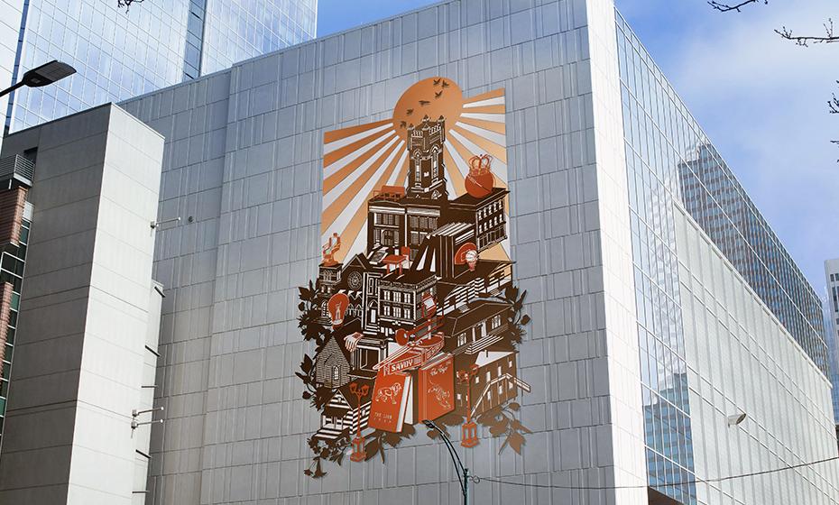 Rendering of a mural on a building 