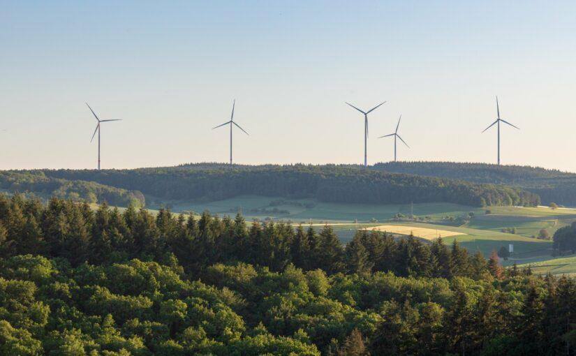 Wide view of a forested and hilly terrain with five wind turbines in the distance.