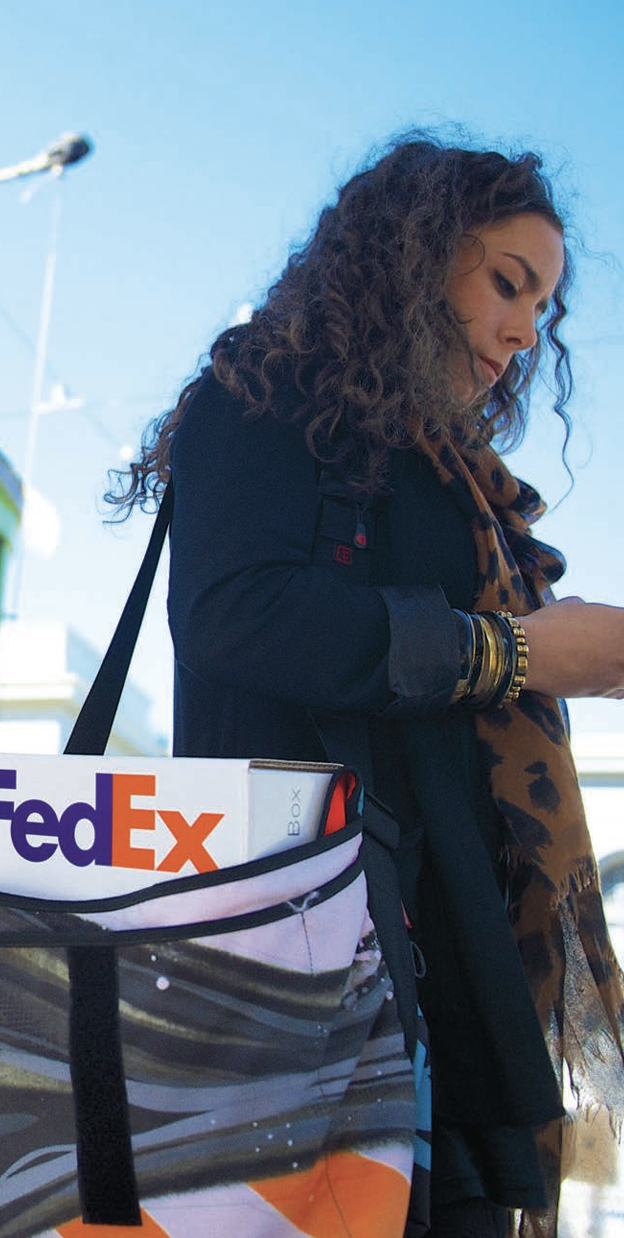 person with a FedEx box in a bag