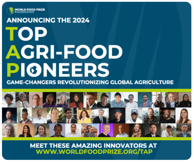 "Announcing the 2024 Top Agri-Food Pioneers" and a collage of profiles.