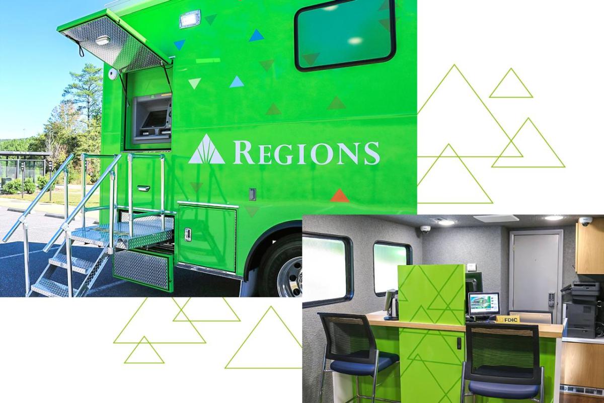 Exterior and interior of a Regions mobile branch