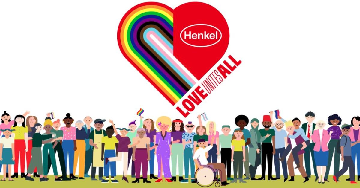 Illustrated group of people spread out across the screen gathered under a Henkel logo within a heart, bearing the words 'Love Unites All'