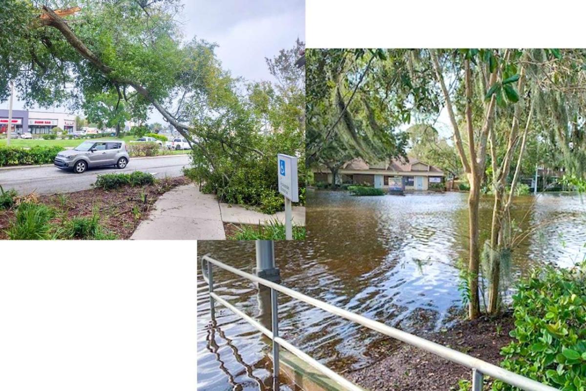 Collage of two images of storm damage and flooding.