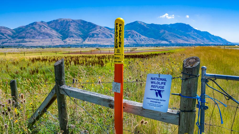 A pipeline marker next to a fence. "Wildlife Refuge" sign next to it.
