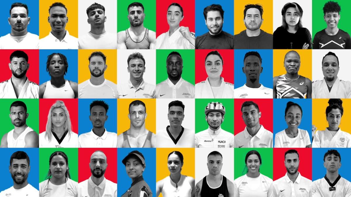 collage of black-and-white photos of olympic athletes on green, red, blue, yellow, and white backgrounds