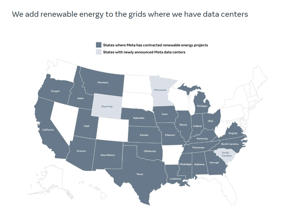 "We add renewable energy to the grids where we have data centers" info graphic map of the united states and color categories marking states with data centers.