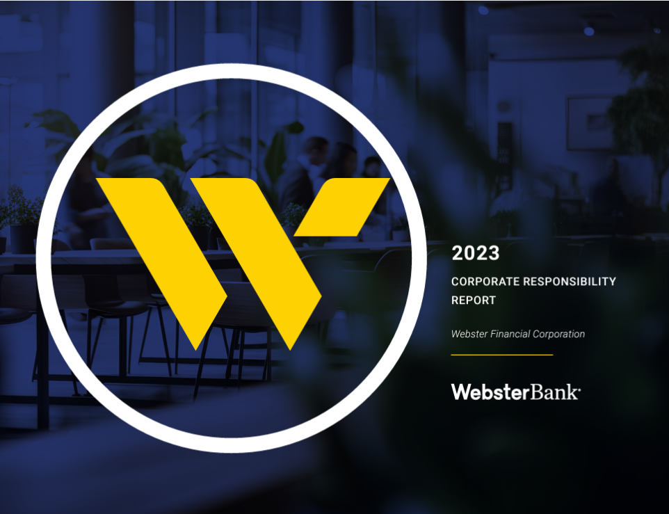 Report cover "2023 Corporate responsibility report" and Webster Bank logo.