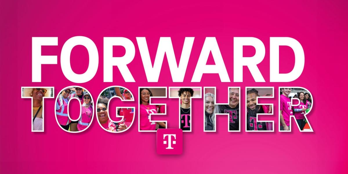 "Forward Together" on a pink background.