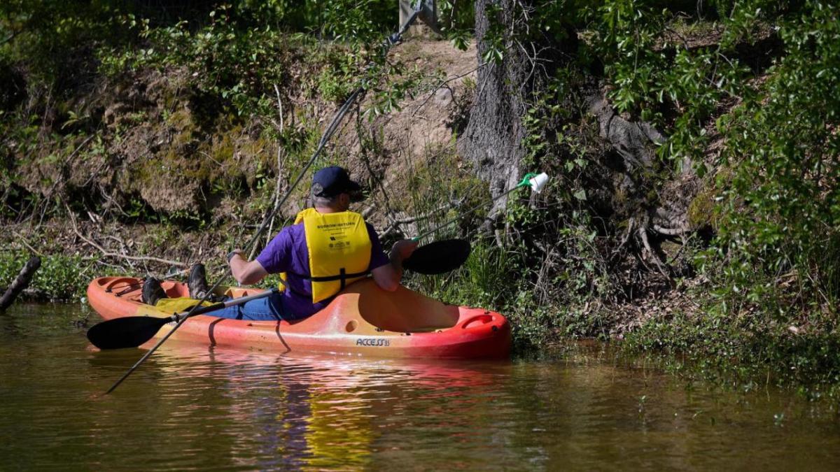A volunteer in a kayak picking a piece of trash off the river bank.