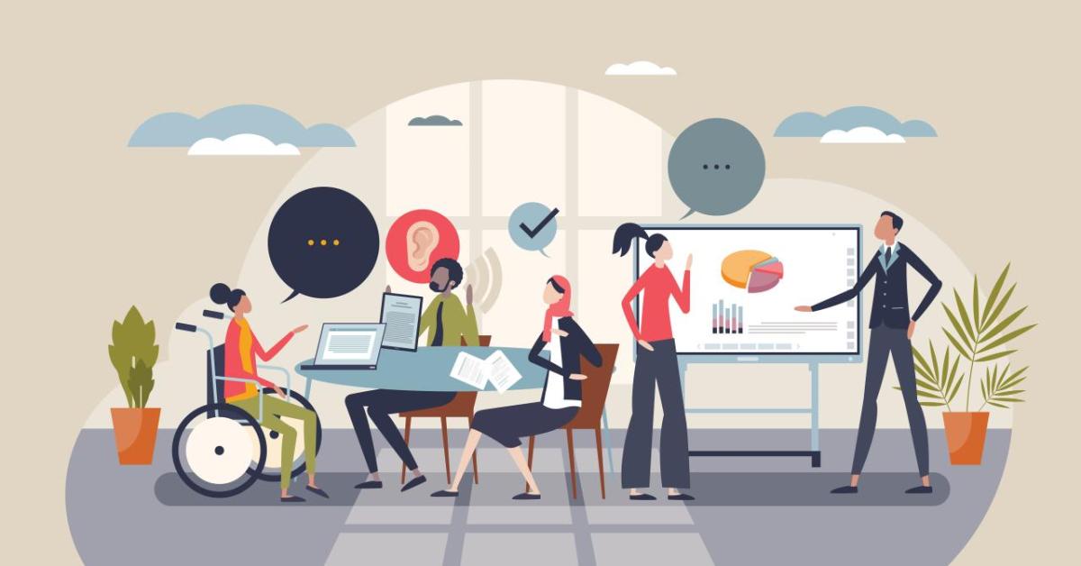 Cartoon illustration depicting a diverse mix of co-workers seated at a table with computers, standing next to a video board and surrounded by plants, clouds and windows, all meant to represent different facets of Corporate Responsibility brough to life within a business setting.