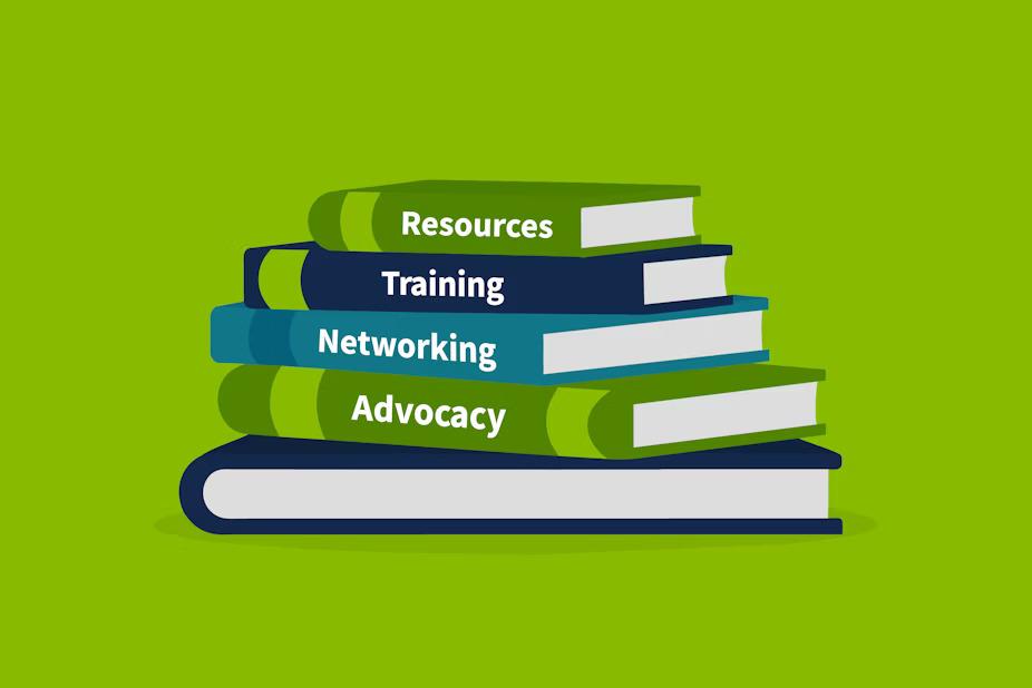 On a green background, a stack of books with titles on the spines "Resources, Training, Networking, Advocacy"