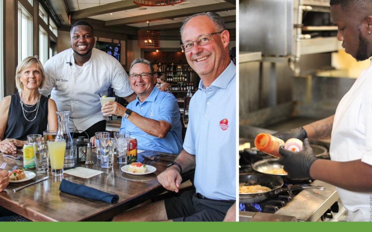 Collage of a person in chef whites posed with people at a restaurant table. On the right the safe chef cooking in a kitchen.