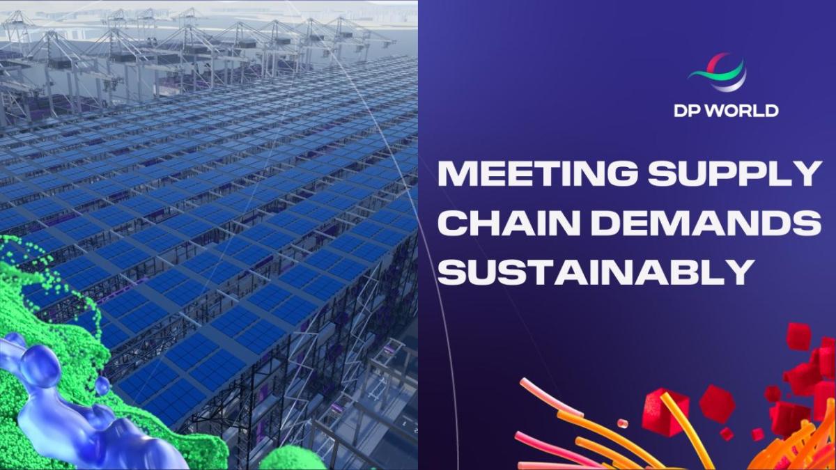 "Meeting Supply Chain Demands Sustainably" on the left many rows of solar panels.